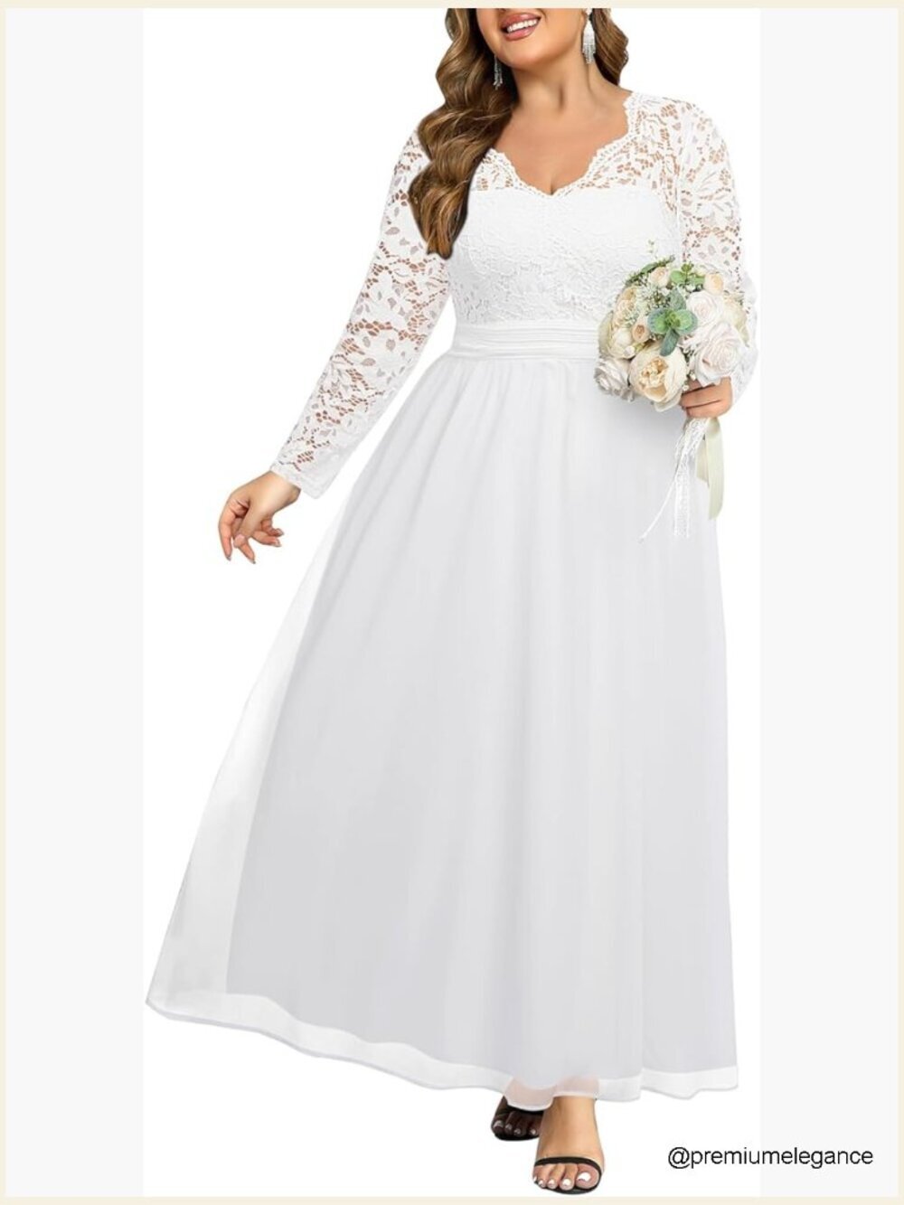 Plus Size Formal Wedding Dress V Neck Long Sleeve Lace Chiffon Maxi Gown